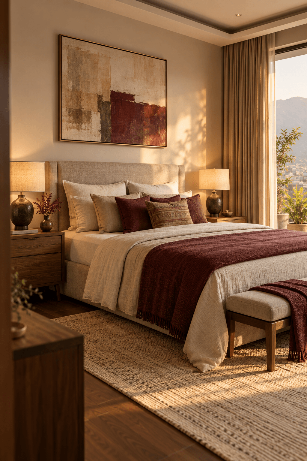 Layered neutral bedroom styled with warm wood and soft textiles